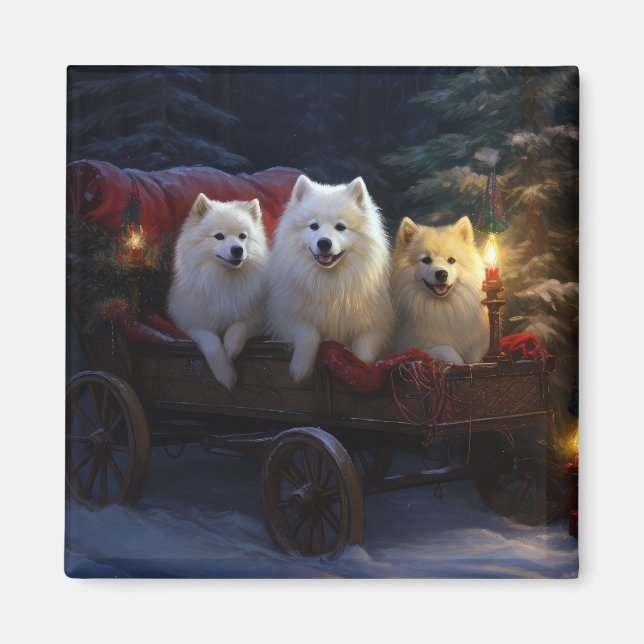 Amerikanska eskimo Snowy Sleigh-juldekretet Magnet (Framsidan)