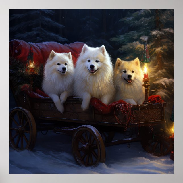 Amerikanska eskimo Snowy Sleigh-juldekretet Poster (Framsidan)