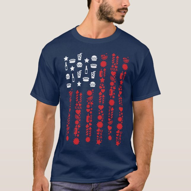 Amerikanska flagga 4th july picnic-fyrverkerivita t shirt (Framsida)