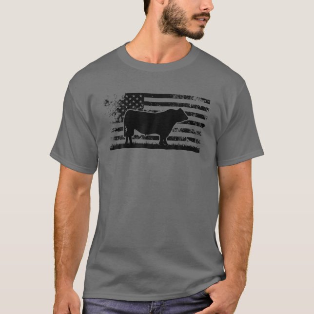 Amerikanska Flagga - Amerika Cow Black Angus Ranch T Shirt (Framsida)