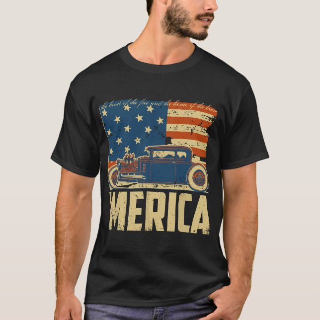 Amerikanska Flagga-Anpassningsbarna Car Merica 4:e T Shirt (Framsida)