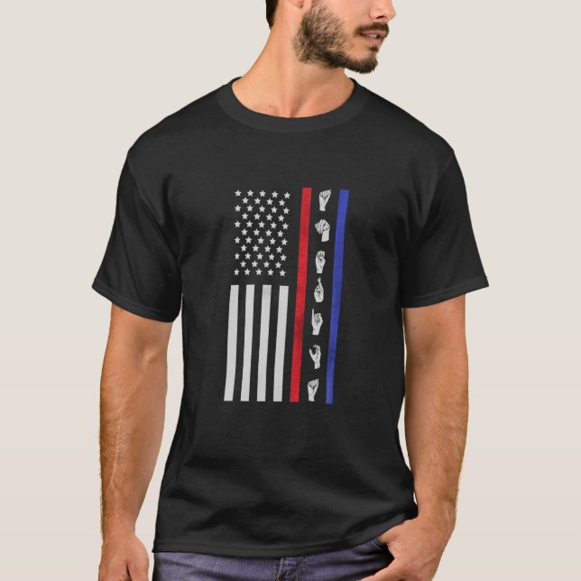 Amerikanska Flagga ASL American Sign Language Amer T Shirt (Framsida)