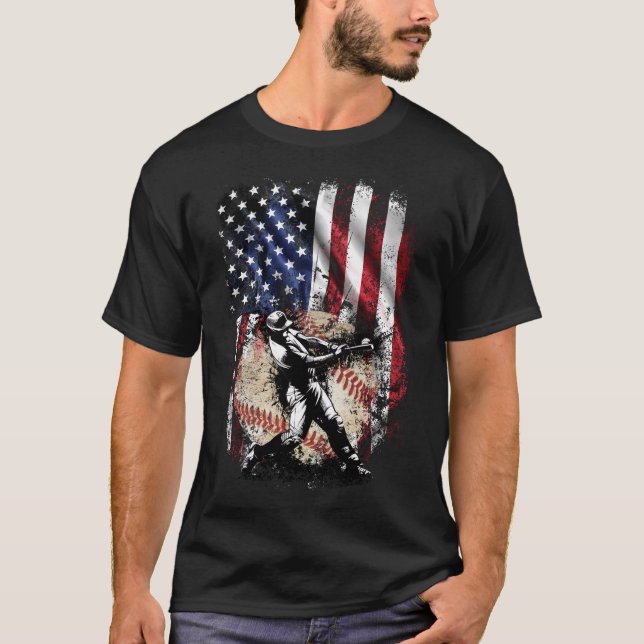 Amerikanska Flagga Baseball Älskare USA 4 juli T Shirt (Framsida)