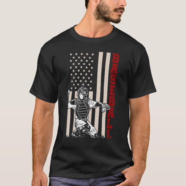 Amerikanska Flagga Baseball Catcher USA Sportsman T Shirt (Framsida)