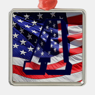 Amerikanska Flagga & Brev "A" Premium Sq-prydnadsf Julgransprydnad Metall