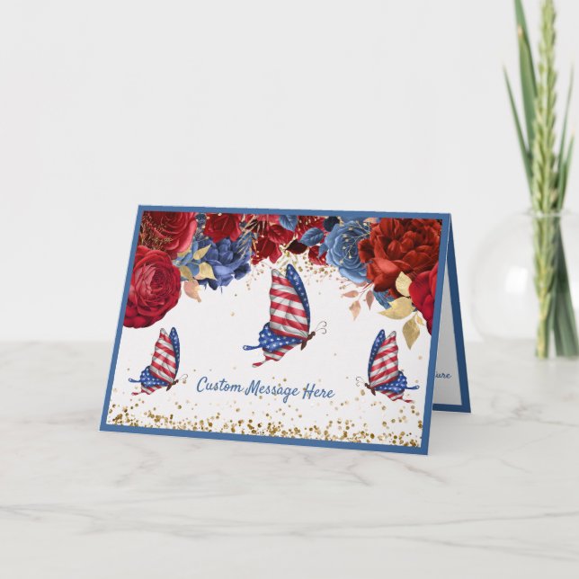 Amerikanska Flagga Butterflies Röd ros Flowers Kort (Framsida)