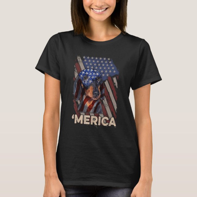 Amerikanska Flagga Dachshund Patriotic Hund 4 juli T Shirt (Framsida)