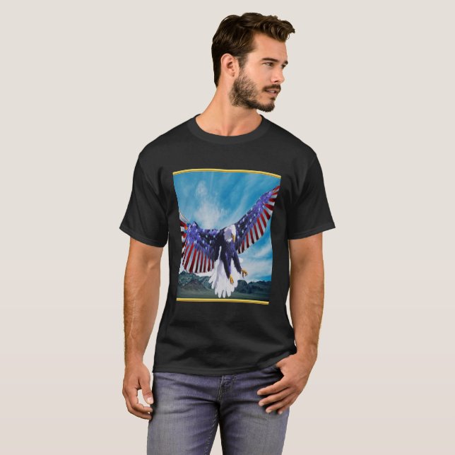 Amerikanska flagga Eagle som flyger på folie himla Tee Shirt (Hel framsida)
