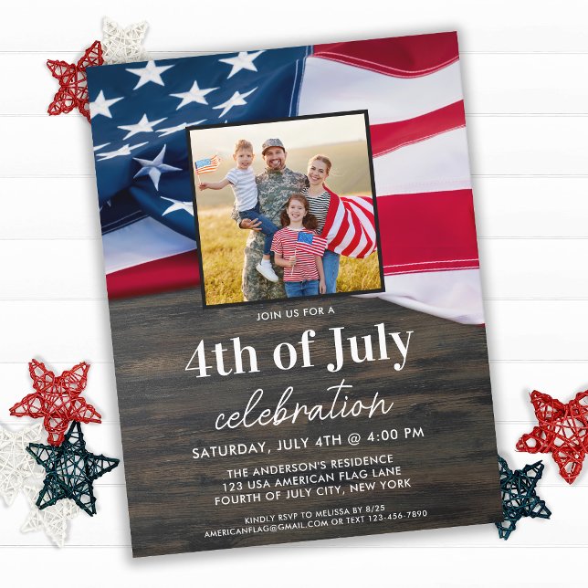Amerikanska Flagga familjefoto 4 juli Party Inbjudan Vykort (Skapare uppladdad)