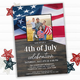 Amerikanska Flagga familjefoto 4 juli Party Inbjudningar