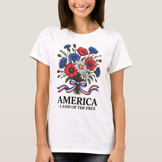 Amerikanska Flagga Flowers 4:e juli Patriotic T Shirt (Framsida)
