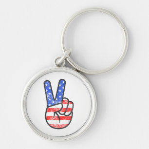 Amerikanska Flagga Fredstecken Hand T-Shirt Four o Rund Silverfärgad Nyckelring