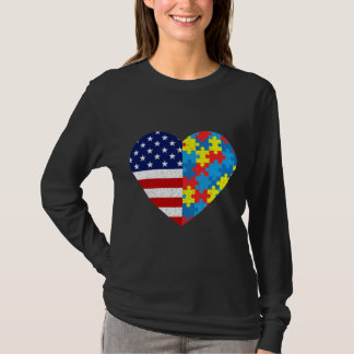 Amerikanska Flagga Heart Autism Awareness Puzzle M T Shirt