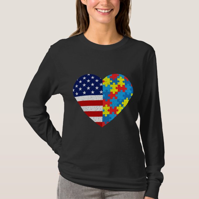 Amerikanska Flagga Heart Autism Awareness Puzzle M T Shirt (Framsida)