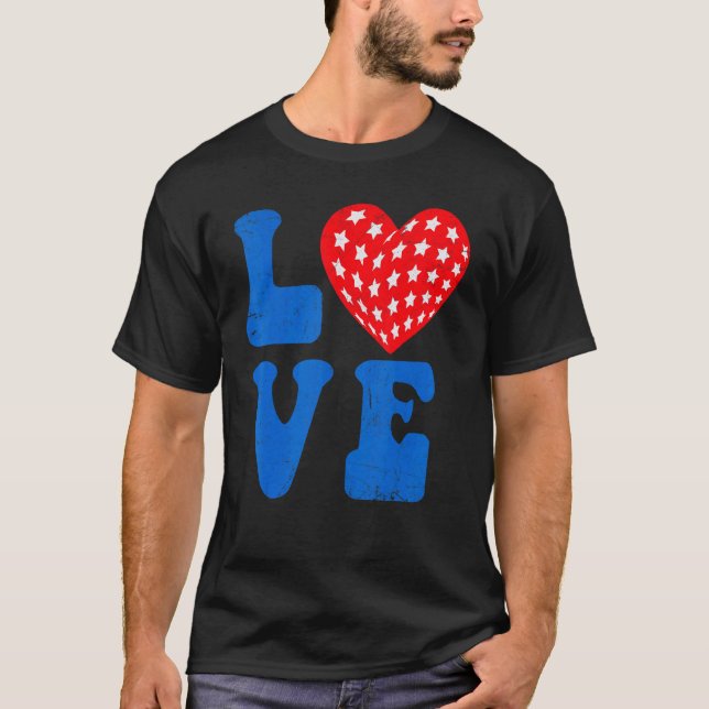 Amerikanska Flagga Heart Red Blue 4:e Juli T Shirt (Framsida)