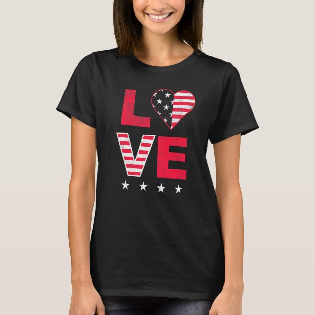 Amerikanska Flagga Heart Rött vitt blått Cute 4:e  T Shirt (Framsida)