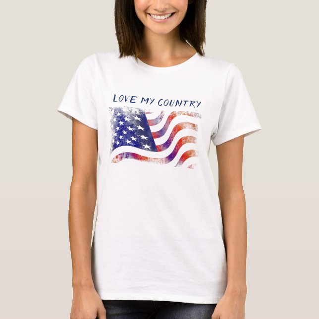 Amerikanska Flagga, Kärlek My Land, Patriot T Shirt (Framsida)