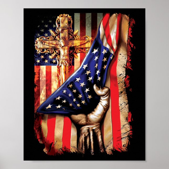 Amerikanska Flagga Kor Jesus Hand-Pridet Christian Poster (Framsidan)