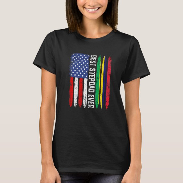Amerikanska Flagga & Mauritius Flagga Best Stepdad T Shirt (Framsida)
