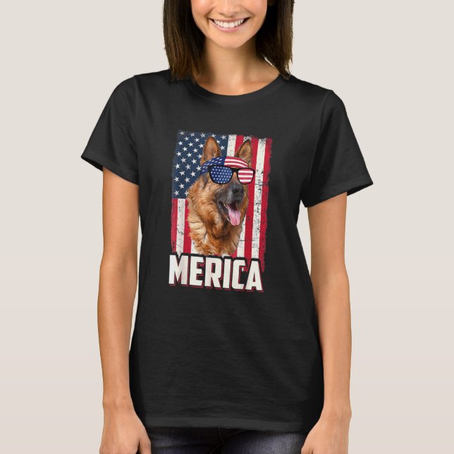 Amerikanska Flagga Merica German Shepherd 4:e juli T Shirt (Framsida)