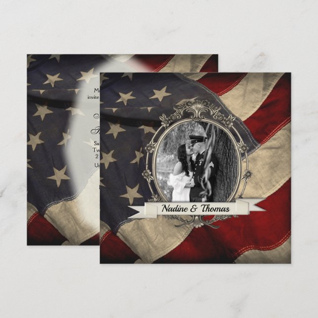 Amerikanska Flagga Militära Bröllop w-foto Inbjudningar (Fram/baksida)
