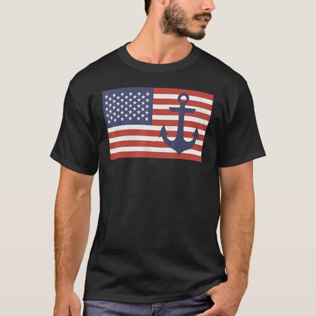 Amerikanska Flagga Nautical Blue Anchor Patriotic T Shirt (Framsida)