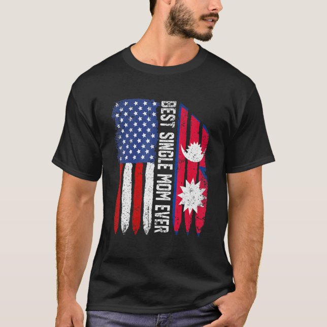 Amerikanska Flagga Nepal Flagga Best Single Mamma  T Shirt (Framsida)