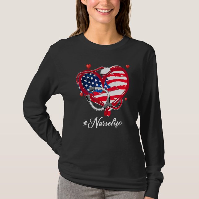 Amerikanska Flagga Nurse Life Heart Stethoscope -  T Shirt (Framsida)