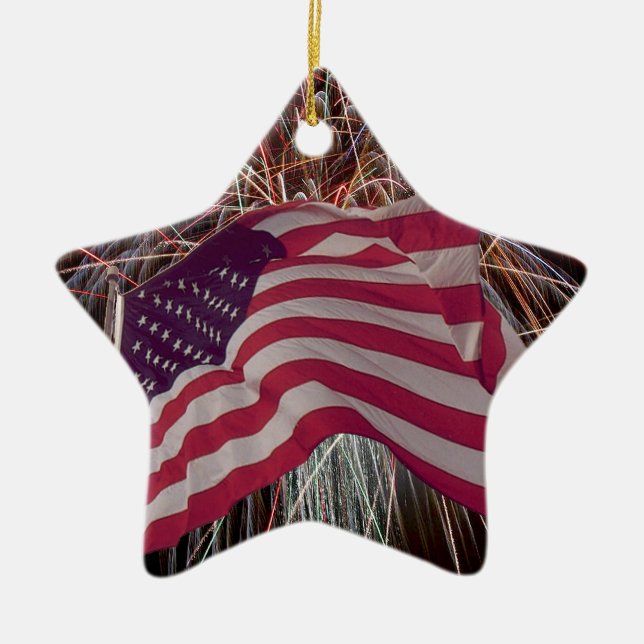 Amerikanska Flagga och Fireworks Julgransprydnad Keramik (Framsidan)