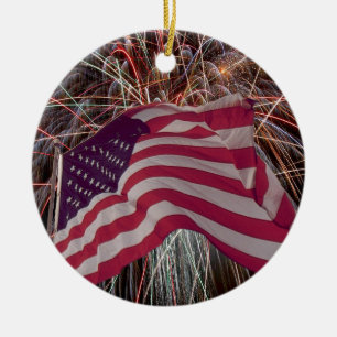 Amerikanska Flagga och Fireworks Julgransprydnad Keramik