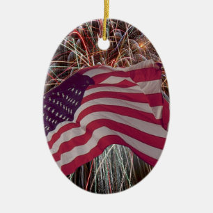 Amerikanska Flagga och Fireworks Julgransprydnad Keramik