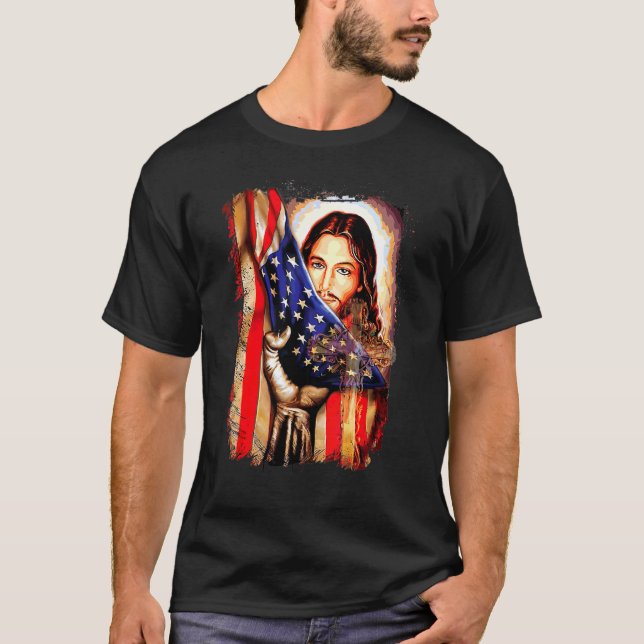 Amerikanska Flagga och Jesus kristna 4:e Jul T Shirt (Framsida)