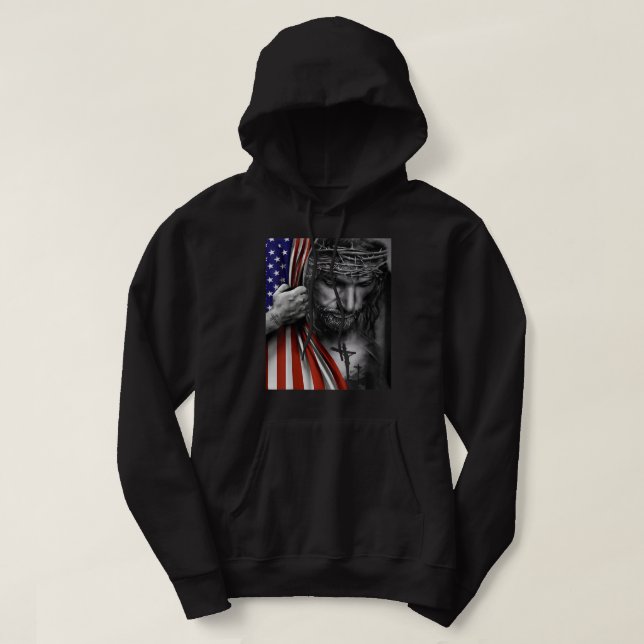 Amerikanska Flagga och Jesus Lycklig Independence  Hoodie (Design framsida)