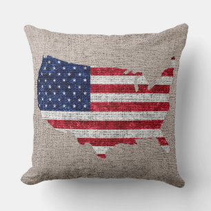Amerikanska Flagga och Karta Burlap Linen Rustic J Kudde