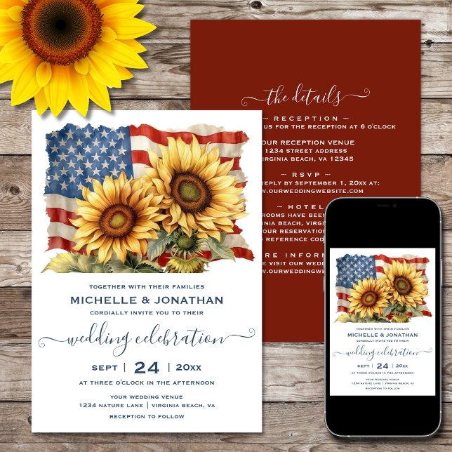 Amerikanska Flagga och solblommor alla i One Bröll Inbjudningar (Printed (Front and Back) and Digital - American Flag and Sunflowers All in One Wedding Invitation)