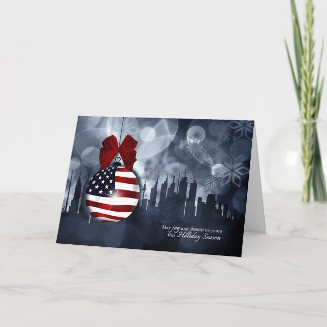 Amerikanska Flagga Ornament och Skyline jul Helgkort (Framsida)