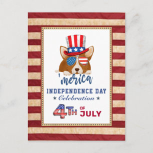 Amerikanska Flagga Patriotic Corgi 4:e JULY Party Inbjudan Vykort