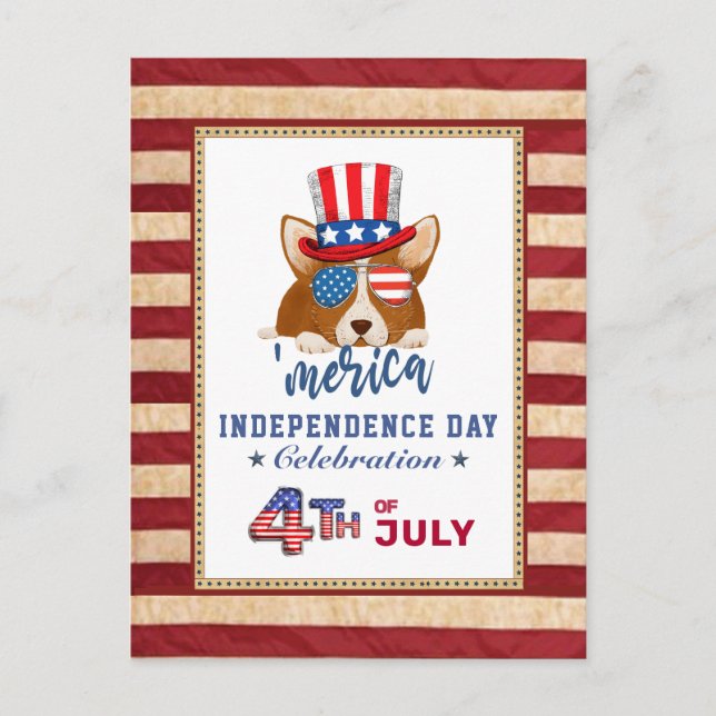 Amerikanska Flagga Patriotic Corgi 4:e JULY Party Inbjudan Vykort (Framsida)