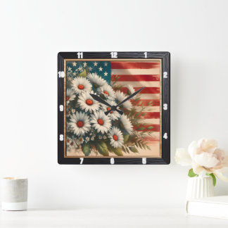 Amerikanska Flagga Patriotic Daisys Fyrkantig Klocka