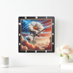 Amerikanska Flagga Patriotic Daisys Fyrkantig Klocka