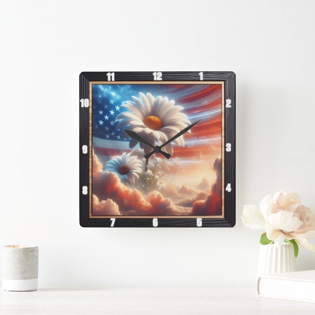 Amerikanska Flagga Patriotic Daisys Fyrkantig Klocka (Hem)
