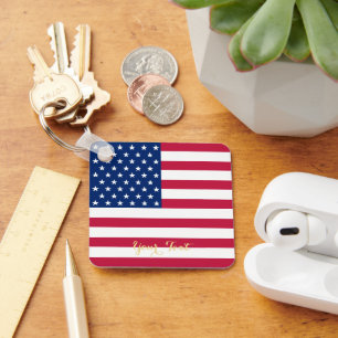 Amerikanska Flagga Patriotic Faux Guld Monogrammed Nyckelring