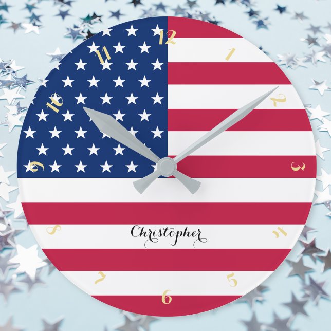Amerikanska Flagga Patriotic Home Office Decor Nam Rund Klocka (USA America Flag Patriotic Home Office Decor Name Round Clock)