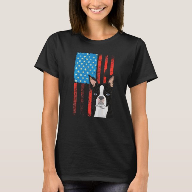 Amerikanska Flagga Patriotic Hund Boston Terrier T Shirt (Framsida)