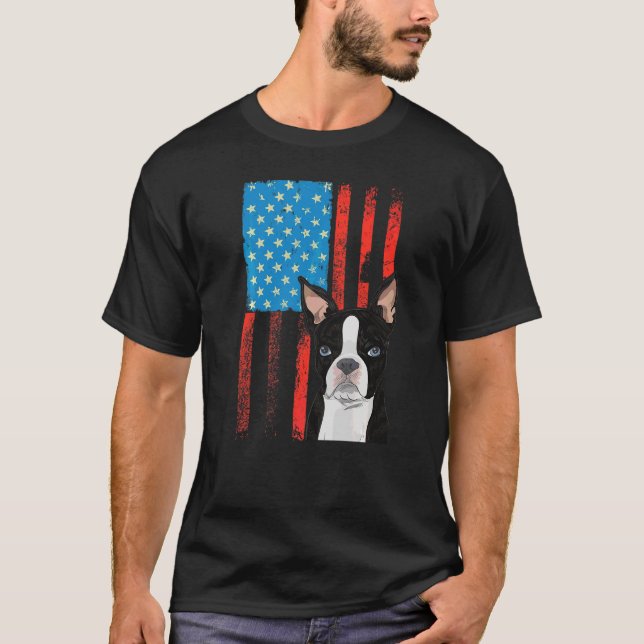 Amerikanska Flagga Patriotic Hund Boston Terrier T Shirt (Framsida)