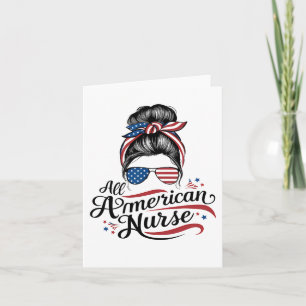 Amerikanska Flagga Patriotic Nurse Messy Bun 4:e j Kort