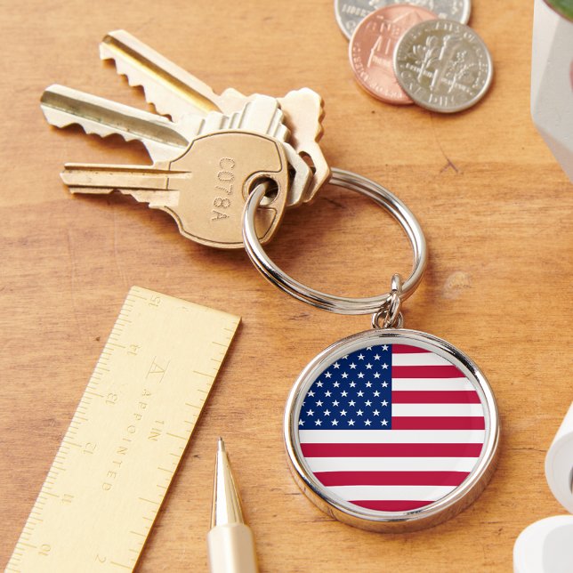 Amerikanska Flagga Patriotic Round Metall Keychain Rund Silverfärgad Nyckelring (USA American Flag Patriotic Round Metal Keychain)
