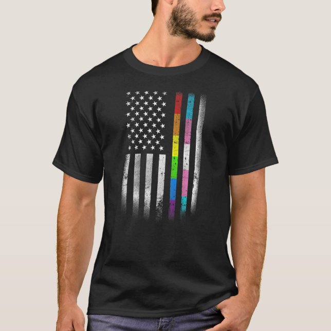 Amerikanska Flagga Rainbow Homosexuella Höger HGBT T Shirt (Framsida)