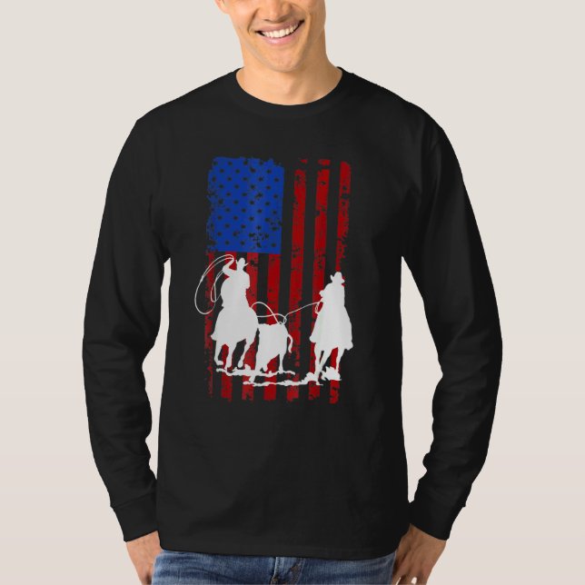 Amerikanska Flagga Roping Horse 4:e juli Patrio T Shirt (Framsida)