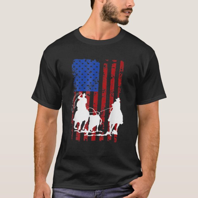 Amerikanska Flagga Roping Horse 4:e juli Patrio T Shirt (Framsida)
